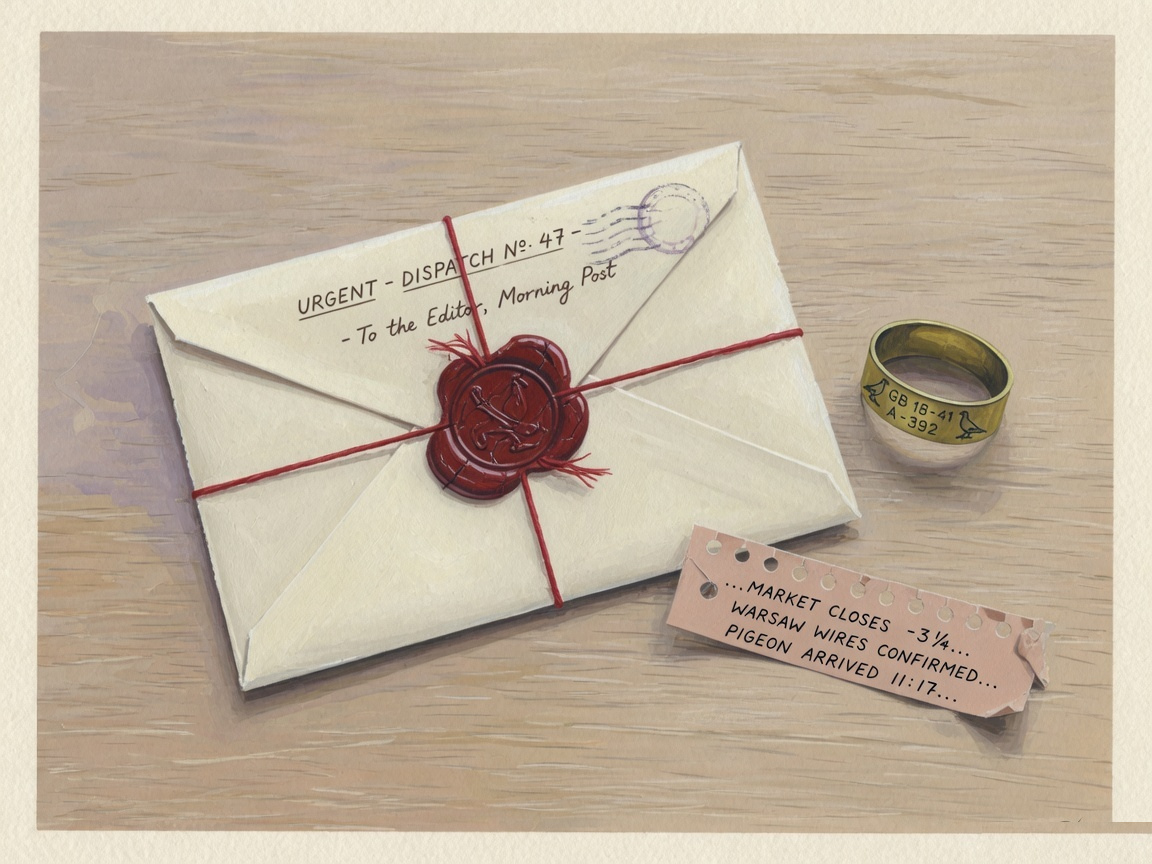 Wax-sealed dispatch envelope and a brass pigeon band