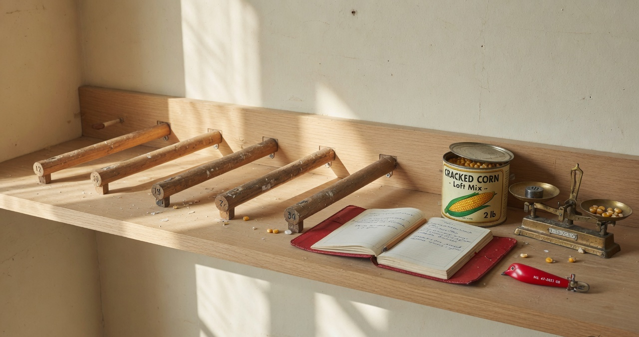 Loft interior: perches, corn tin, open flight log